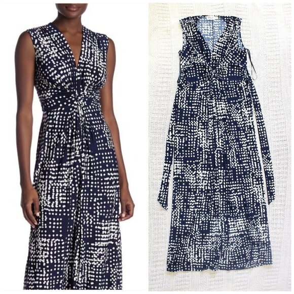 Eliza J Twist front Maxi Dress Blue & White Size 12 Sleeveless Tied waist V neck - Picture 1 of 12